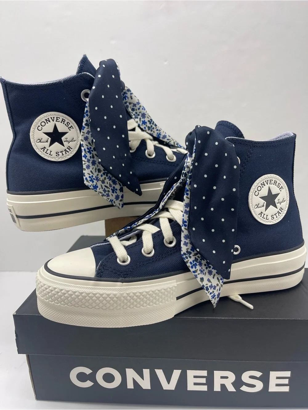 Converse CTAS High Top Platform Sneakers in Navy with Polka-Dot Scarf Laces
